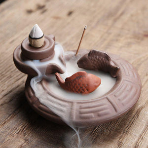 Brûleur d'Encens Zen En Cascade - Céramique avec deux poissons