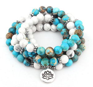 Bracelet Mala Pierre howlite turquoise - symbole om lotus