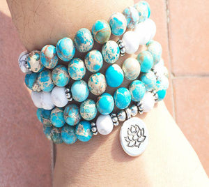 Bracelet Mala Pierre howlite turquoise - symbole om lotus