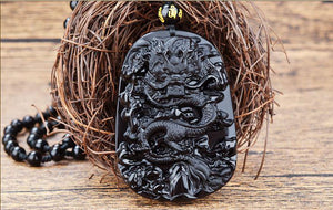 Collier Dragon - pendentif obsidienne noire