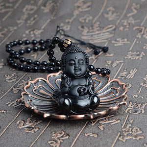 collier obsidienne noire - Amulette Bouddha