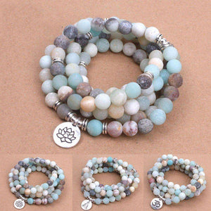 Bracelet en Pierre Naturelles Amazonite - Pendentif Lotus, OM, Bouddha