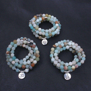 Bracelet Mala - Pierre Naturelles Amazonite - Pendentif Lotus, OM, Bouddha