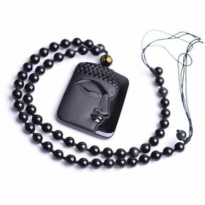 Amulette Tête de Bouddha en Obsidienne Noire - Collier perles - pendentif bouddha
