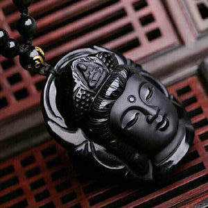 Collier Bouddha Amulette Tibétaine en Obsidienne Noire