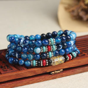 Bracelet Mala Tibétain 108 - Pierres Naturelles Agate Bleue-BRACELET MALA-2-Top Zen -bijoux zen
