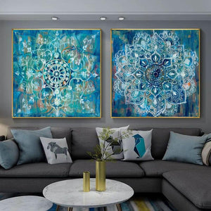 tableau mandala en bleu clair et bleu fonce