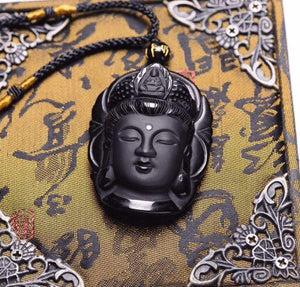 Collier Bouddha Amulette Tibétaine - Obsidienne Noire