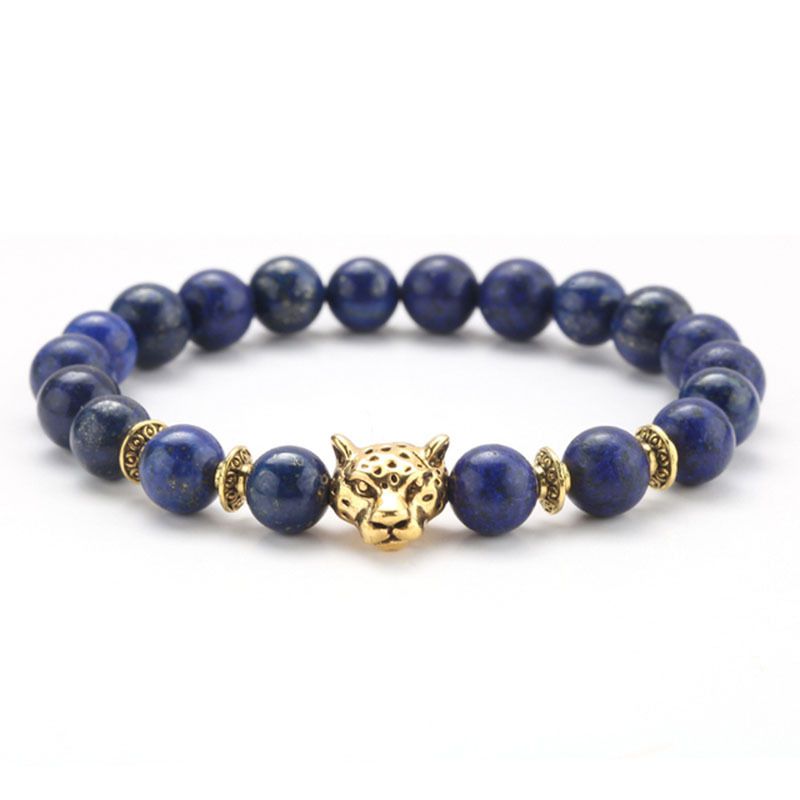 Bracelet Tête de Lion en Pierres de lave - bleu fonce 