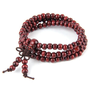 Bracelet mala Tibétain Bois de rose - en rouge