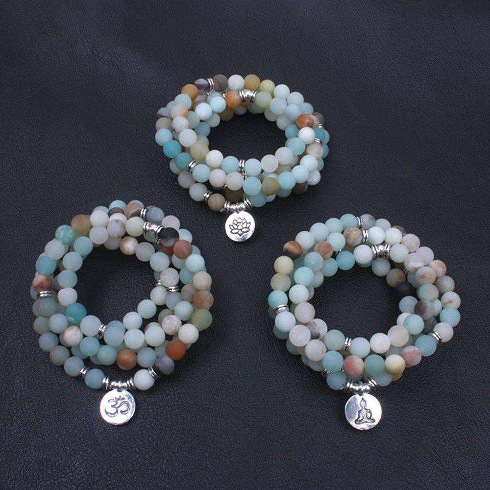 Bracelet Mala - Pierre Naturelles Amazonite - Pendentif Lotus, OM, Bouddha