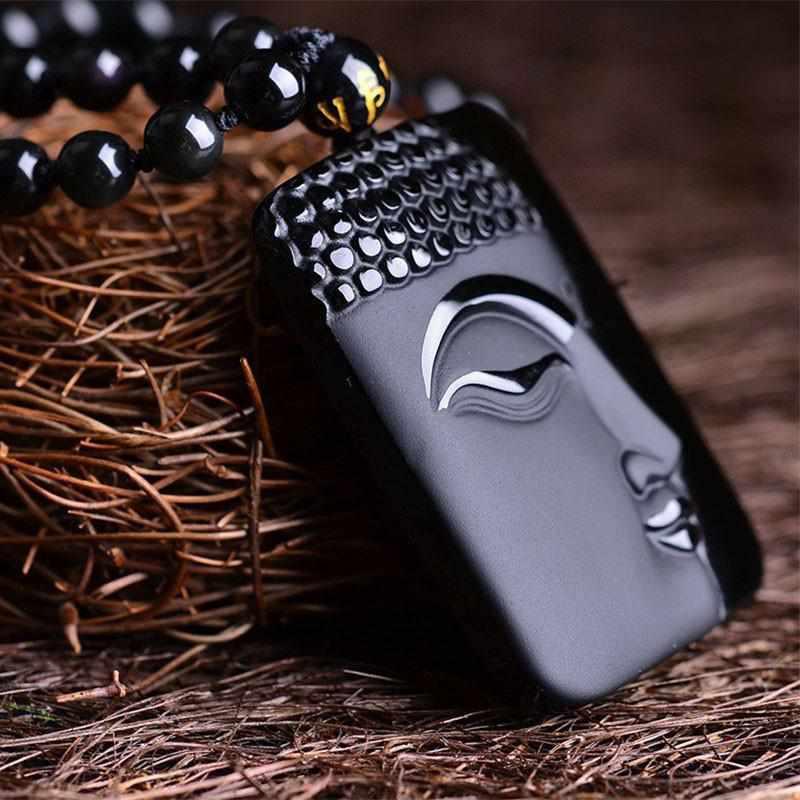 Amulette Tête de Bouddha en Obsidienne Noire - Collier perles pendentif bouddha