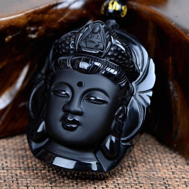 Amulette Tibétaine Bouddha en Obsidienne Noire 