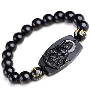 Bracelet amulette porte-bonheur bouddha sculpté en obsidienne noire