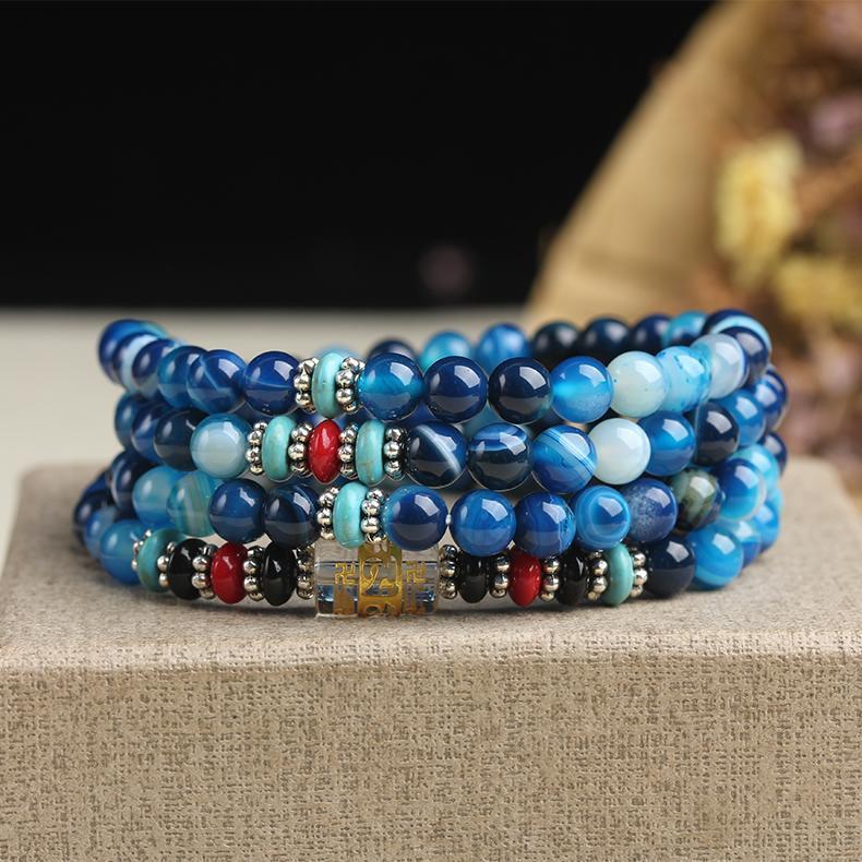 Bracelet Mala Tibétain 108 - Pierres Naturelles Agate Bleue-BRACELET MALA-1-Top Zen -bijoux zen