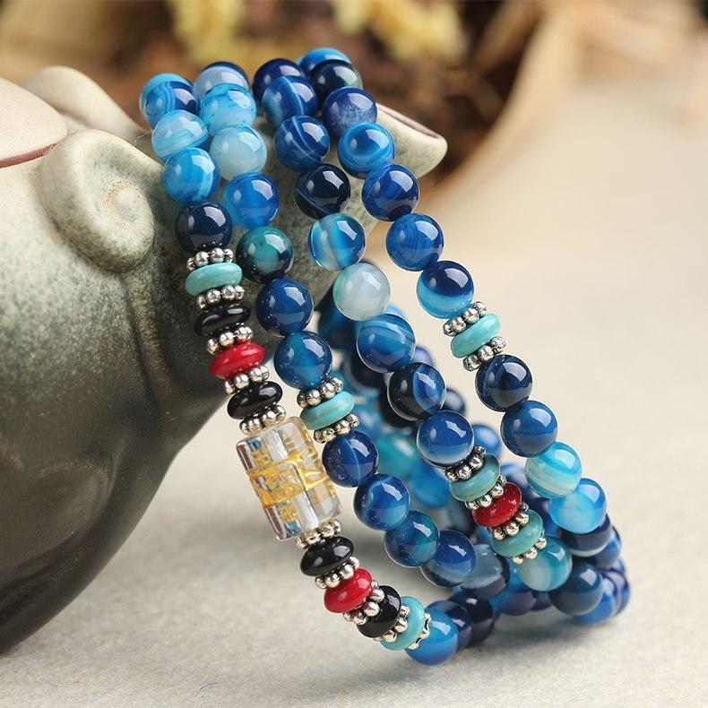 Bracelet Mala Tibétain 108 - Pierres Naturelles Agate Bleue-BRACELET MALA-5-Top Zen -bijoux zen