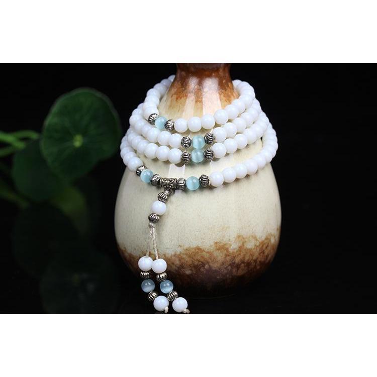 Bracelet Mala en Pierres Naturelles - Bracelet Zen en Calcédoine Blanche