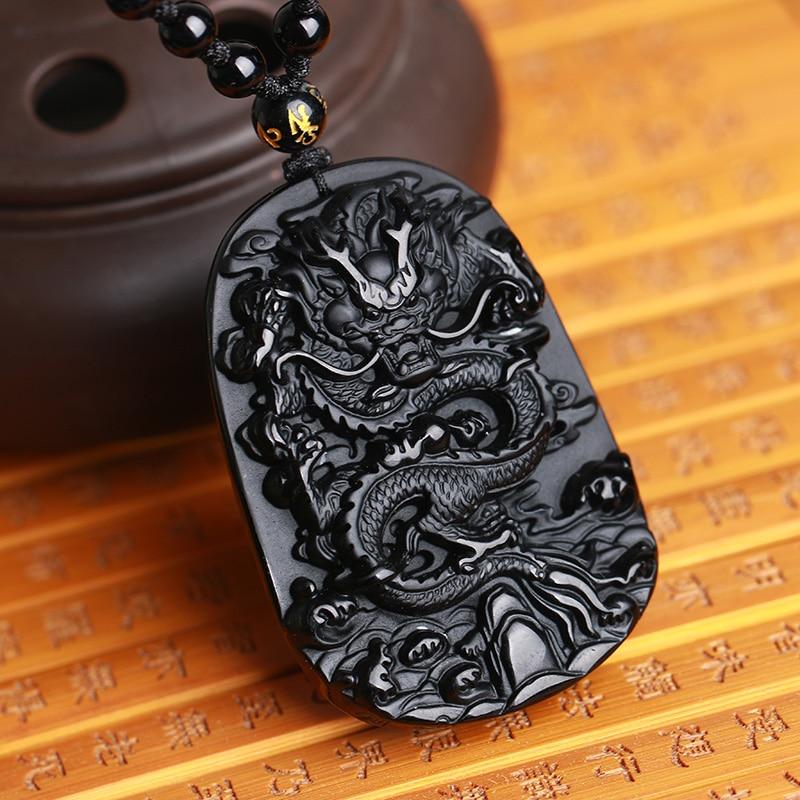 Collier Dragon -  pendentif obsidienne noire
